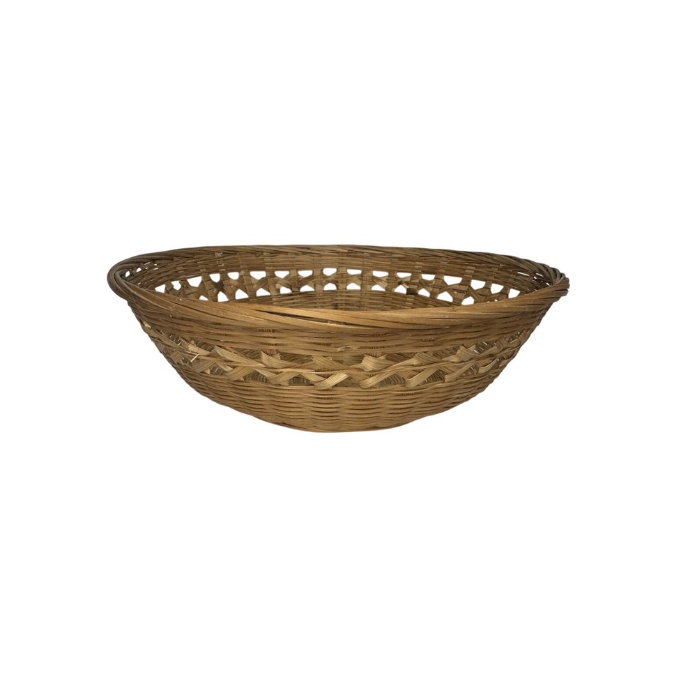 Handwoven Wicker Basket Bowl‎ 9" Round Open Weave Fruit Bread Basket Boho